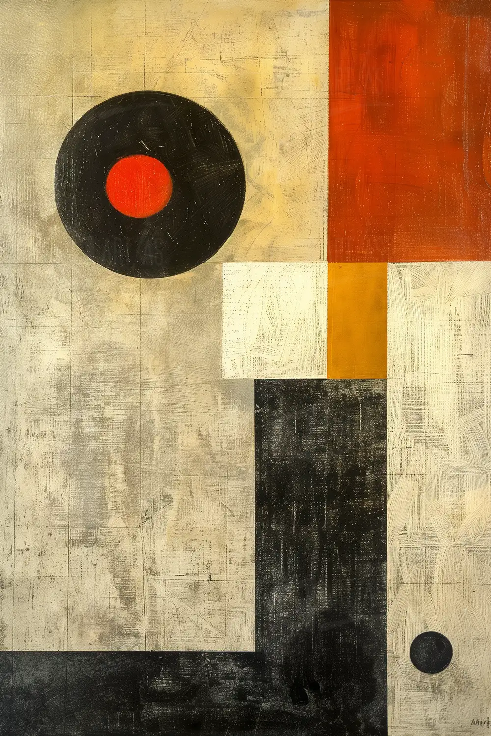 Composición abstracta con formas geométricas en colores negro, rojo y beige. | CUADROS DE ATREZZO PARA CINE Y PUBLICIDAD