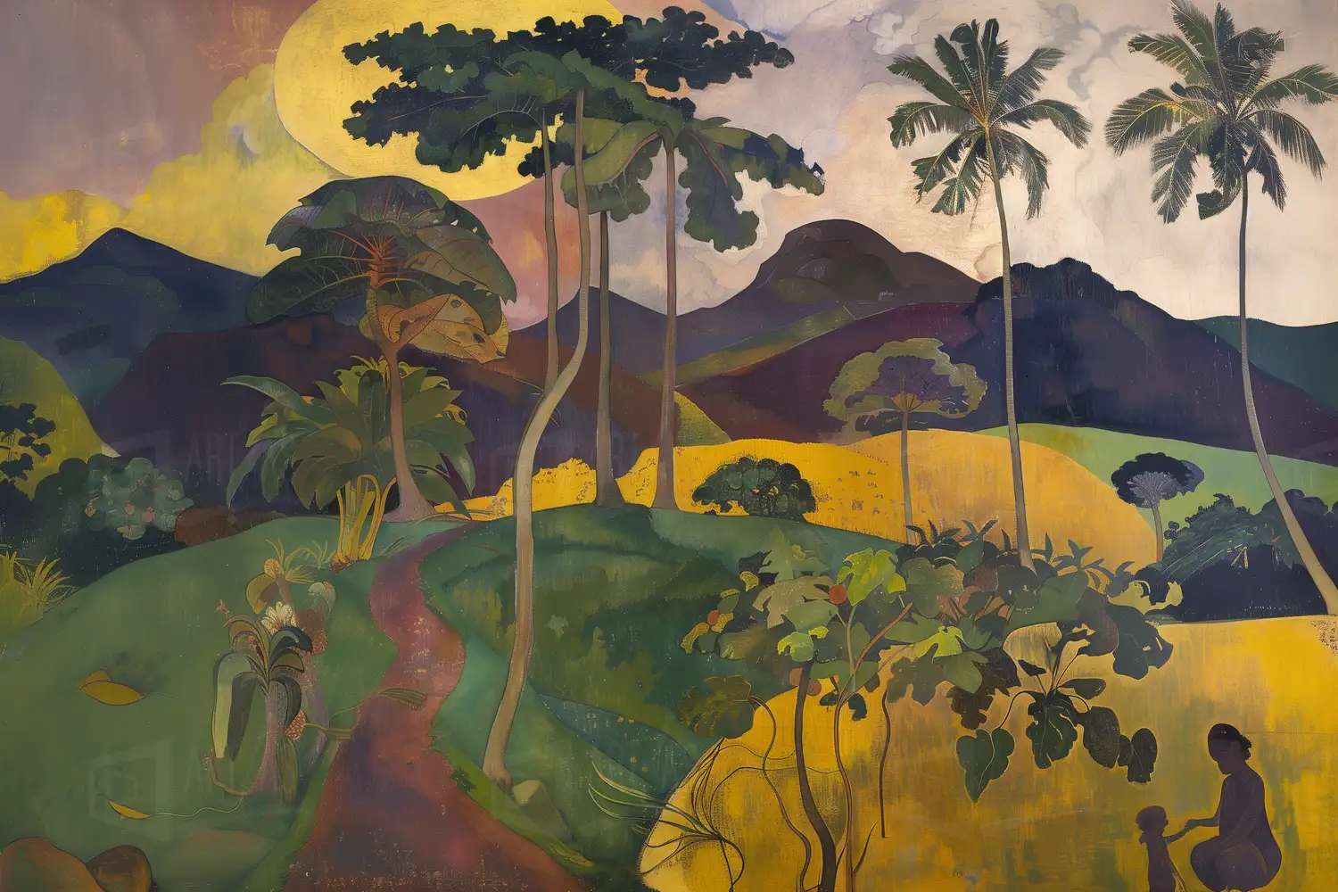 Paisaje tropical con montañas, palmeras y un camino serpenteante. | CUADROS DE ATREZZO PARA CINE Y PUBLICIDAD