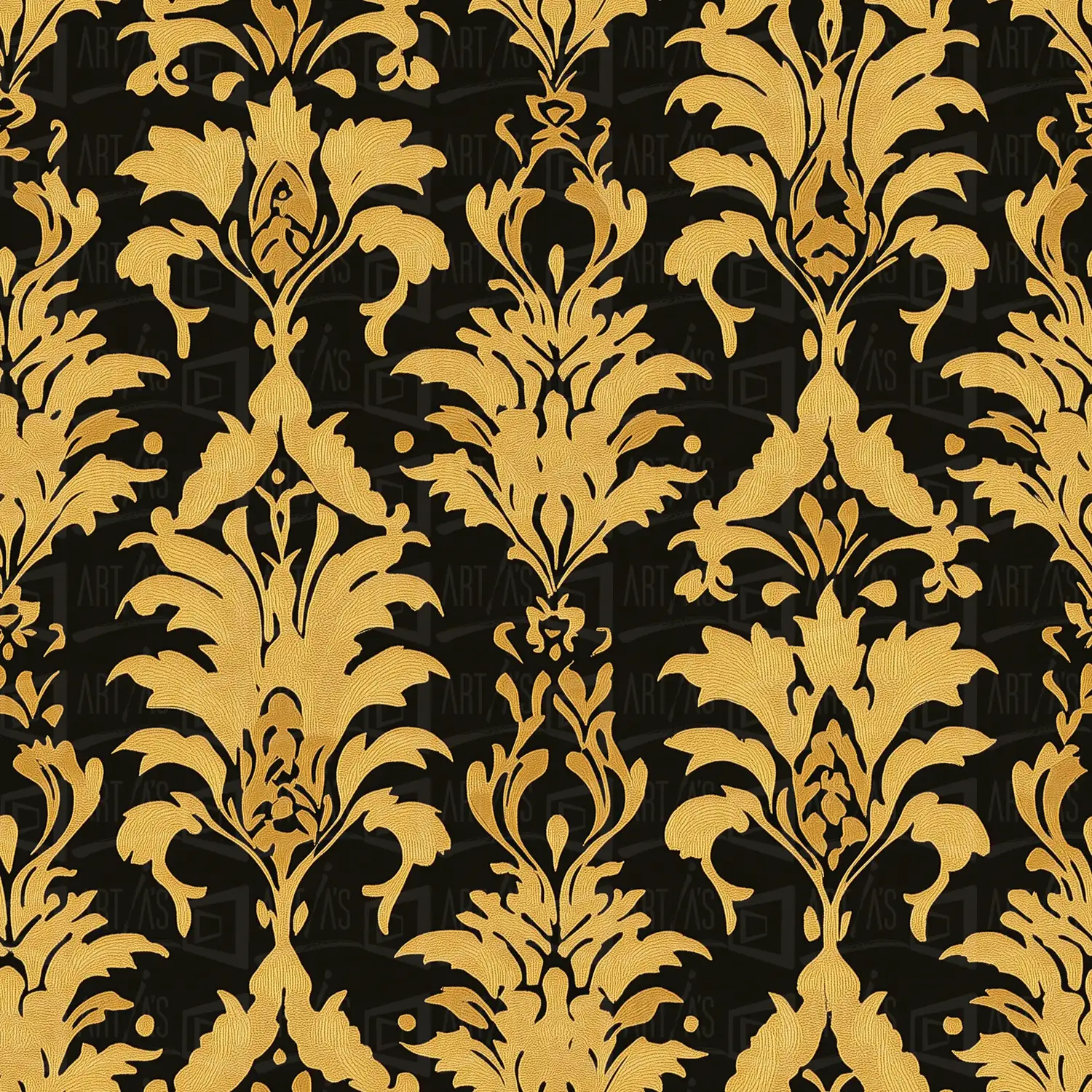 Patrón decorativo con motivos florales en color dorado sobre fondo negro. | CUADROS DE ATREZZO PARA CINE Y PUBLICIDAD