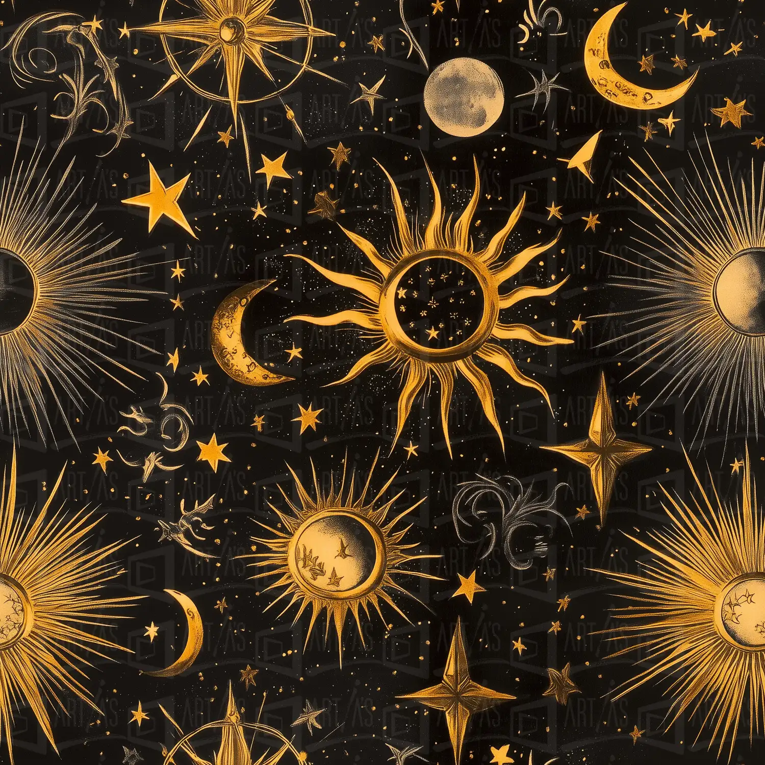 Diseño astronómico con astros, estrellas y elementos celestiales sobre fondo negro. | CUADROS DE ATREZZO PARA CINE Y PUBLICIDAD