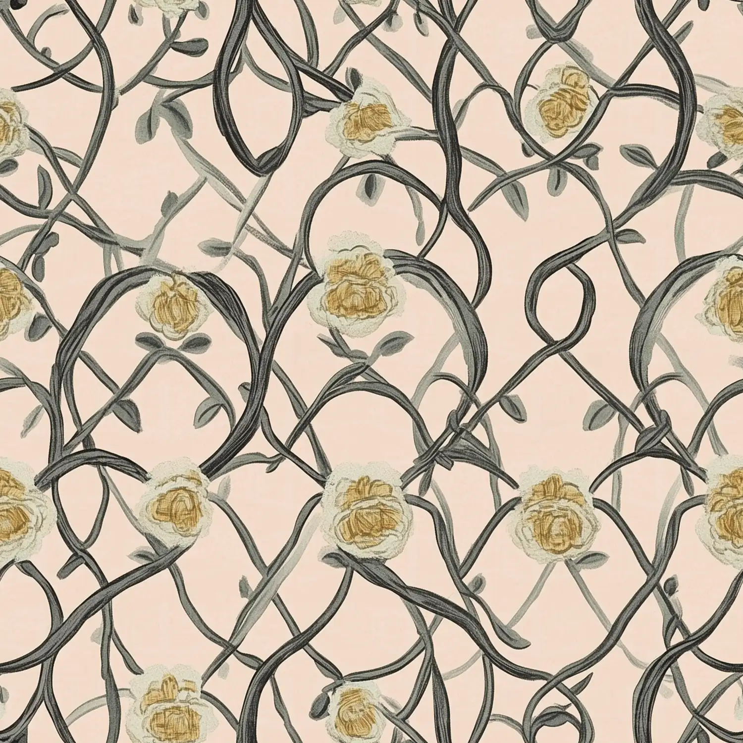 Patrón floral con flores amarillas y tallos oscuros sobre fondo claro. | CUADROS DE ATREZZO PARA CINE Y PUBLICIDAD