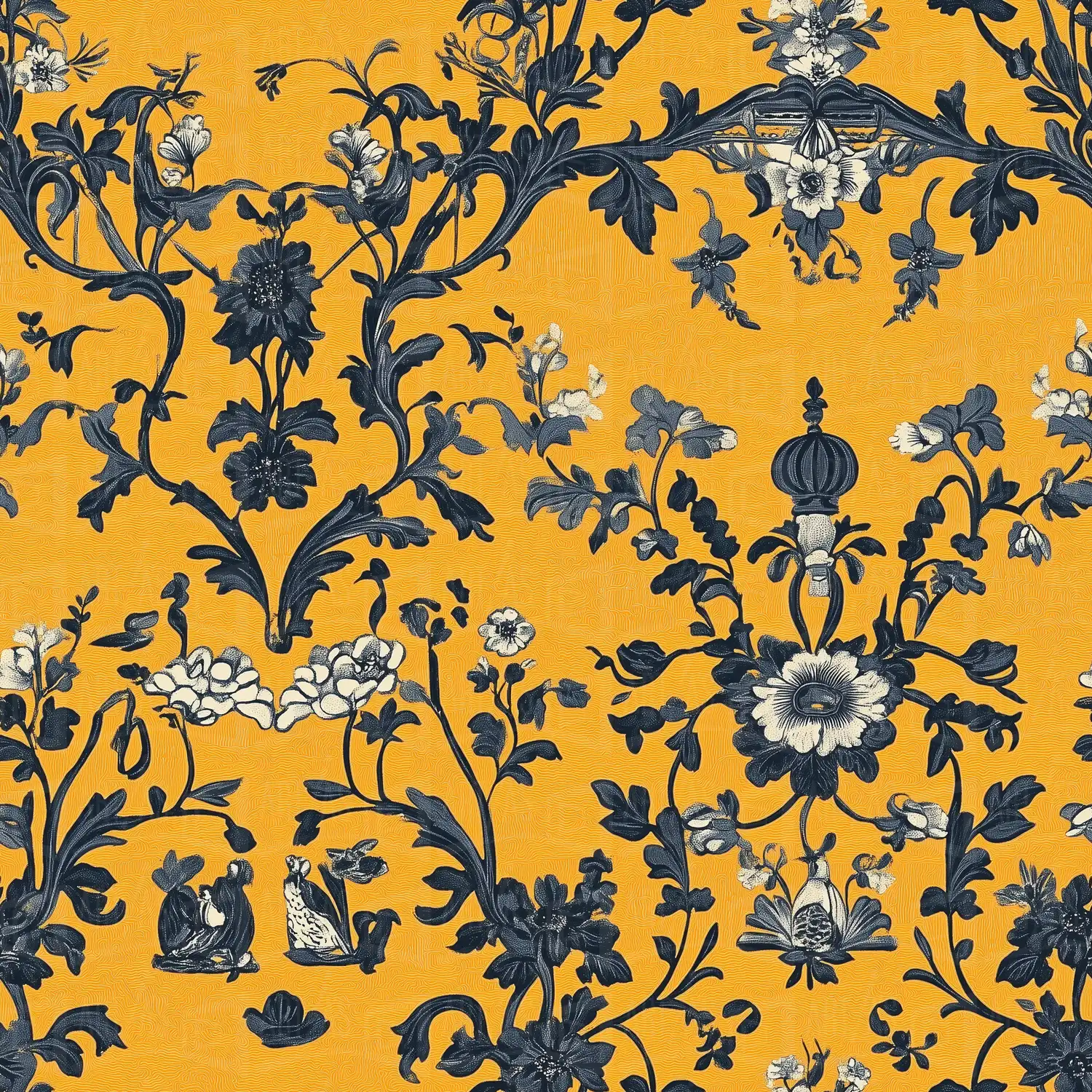 Diseño de patrón floral en tonos oscuros sobre fondo amarillo. | CUADROS DE ATREZZO PARA CINE Y PUBLICIDAD