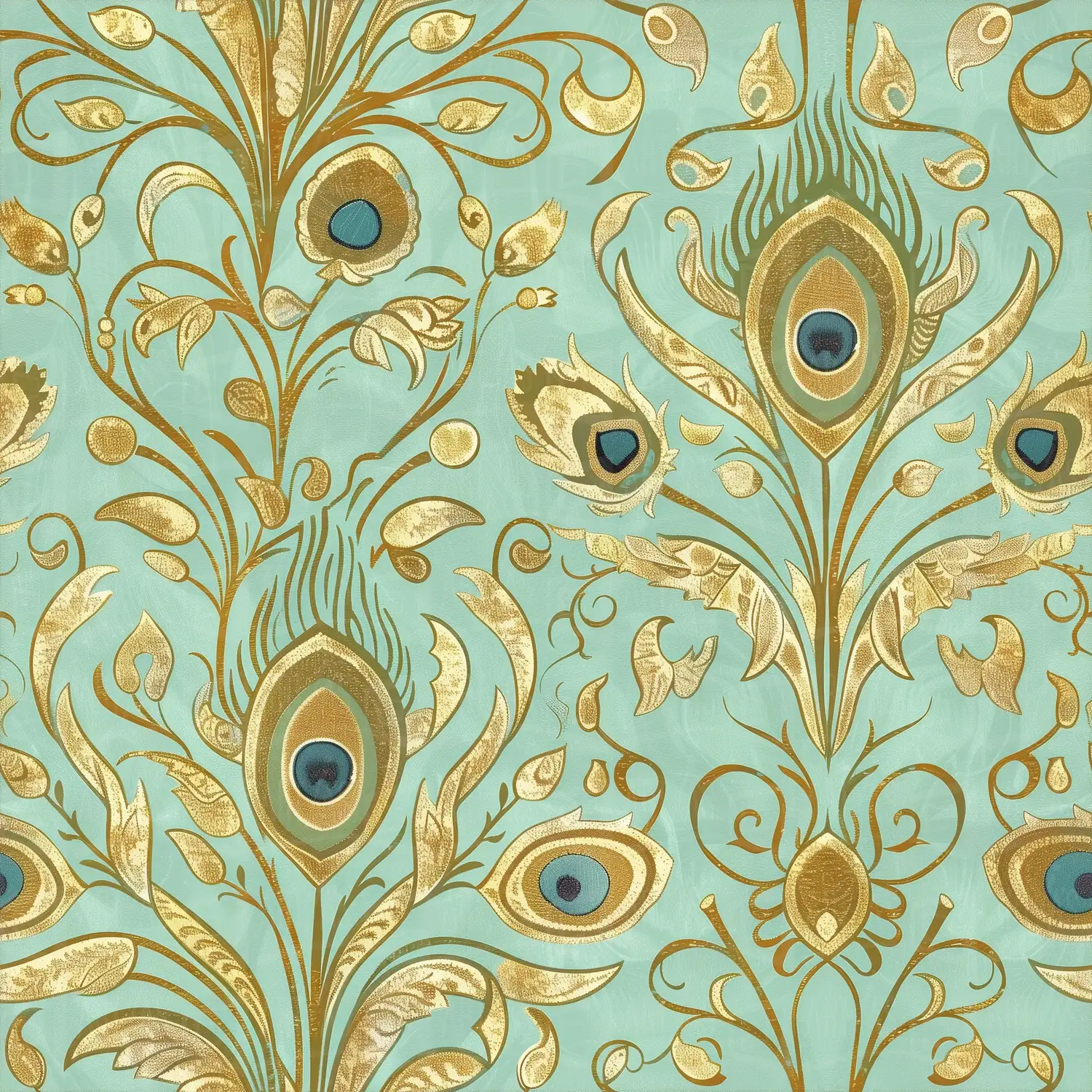 Diseño ornamental con motivos de flores y ojos en tonos dorados sobre fondo azul. | CUADROS DE ATREZZO PARA CINE Y PUBLICIDAD