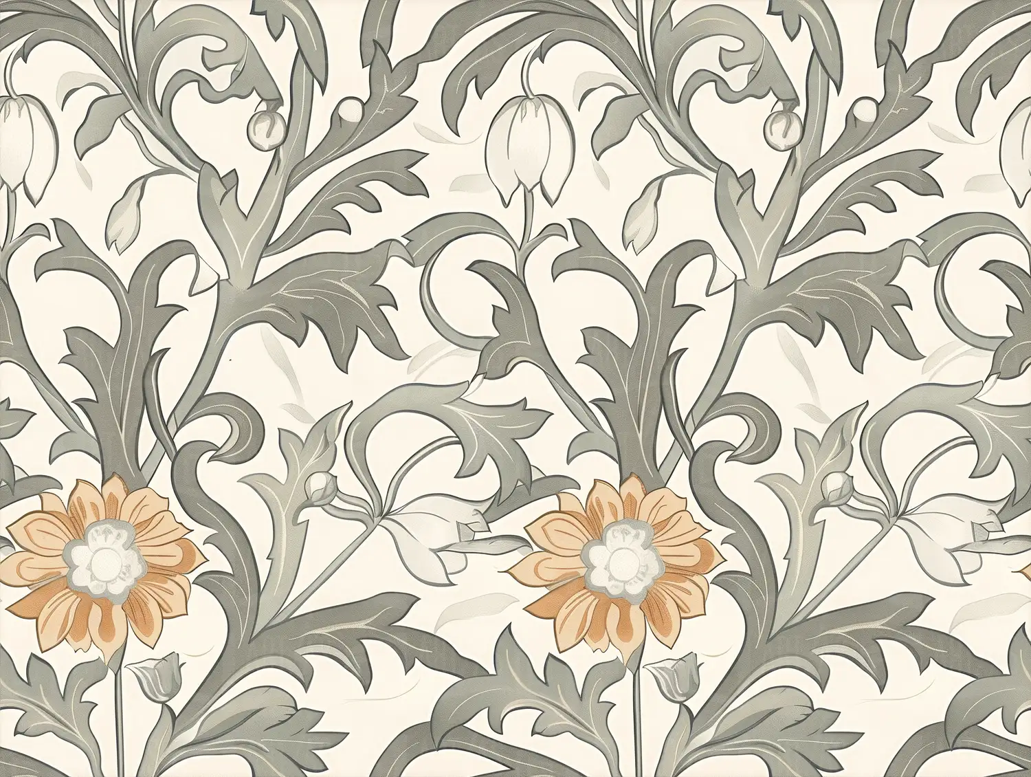 Diseño de patrón floral con hojas y flores en tonos grises y ocre. | CUADROS DE ATREZZO PARA CINE Y PUBLICIDAD