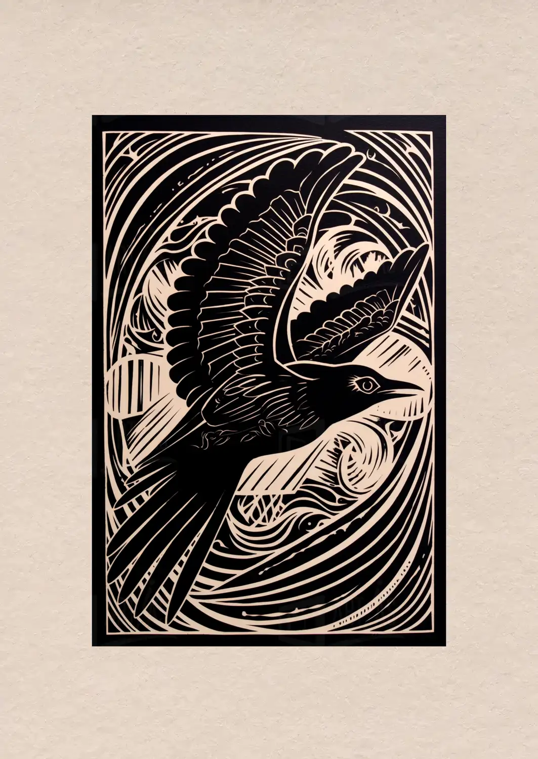 Grabado de un ave en vuelo con un fondo de líneas onduladas. | CUADROS DE ATREZZO PARA CINE Y PUBLICIDAD