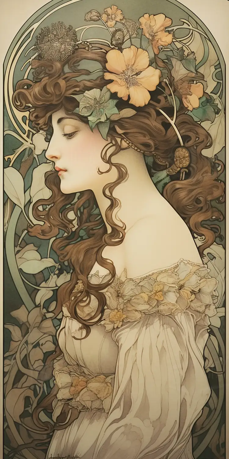 Retrato de una mujer con cabello rizado y flores en la cabeza. | CUADROS DE ATREZZO PARA CINE Y PUBLICIDAD