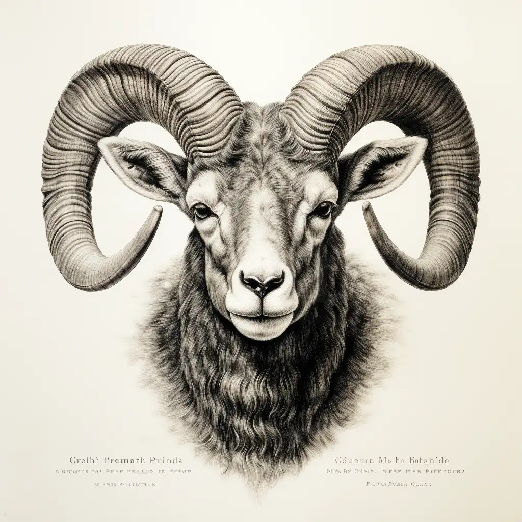 Cabeza de carnero con cuernos prominentes y detalles en el pelaje. | CUADROS DE ATREZZO PARA CINE Y PUBLICIDAD