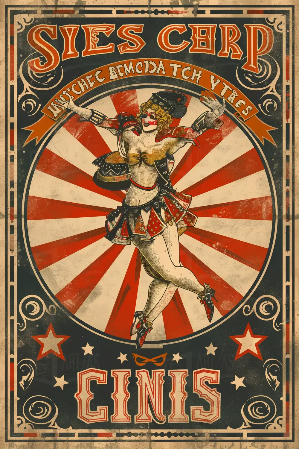 Cartel vintage de un espectáculo de circo con una artista en el centro. | CUADROS DE ATREZZO PARA CINE Y PUBLICIDAD