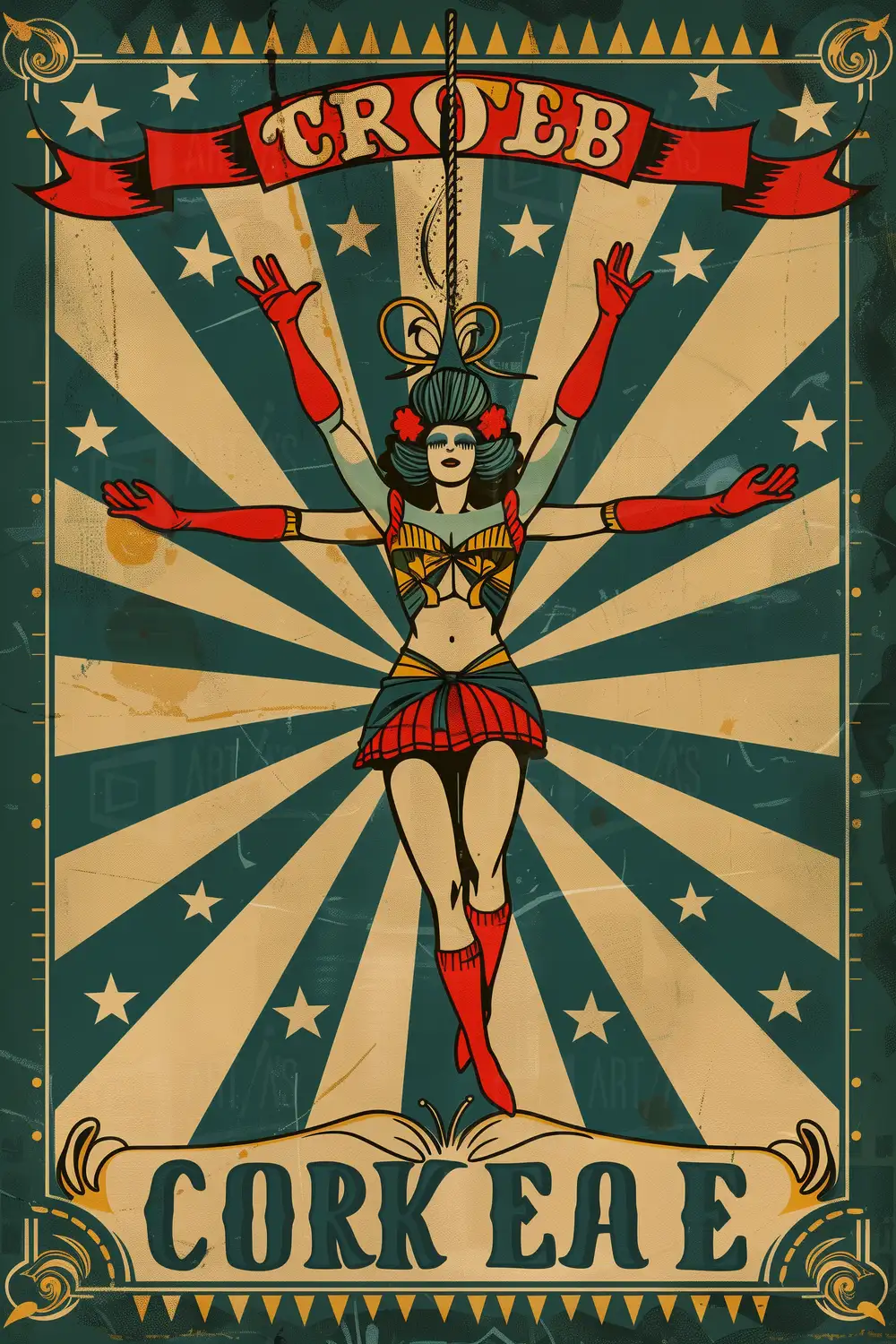 Cartel de circo con una mujer en el centro, rodeada de estrellas y rayas. | CUADROS DE ATREZZO PARA CINE Y PUBLICIDAD