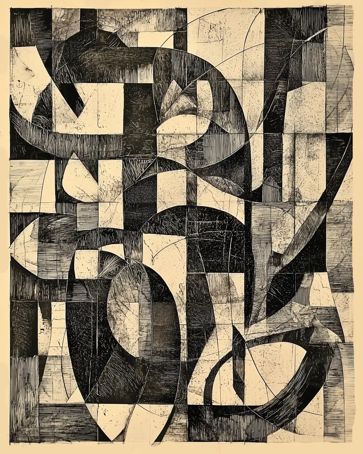 Composición abstracta en blanco y negro con formas geométricas entrelazadas. | CUADROS DE ATREZZO PARA CINE Y PUBLICIDAD