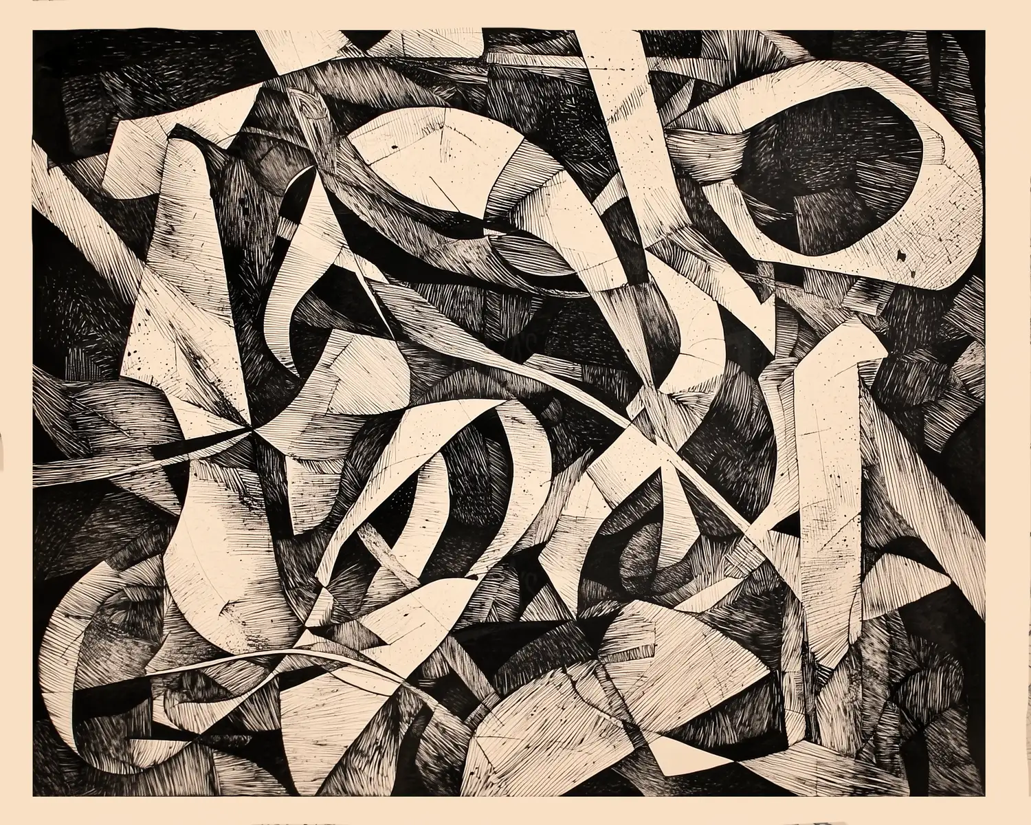 Composición abstracta en blanco y negro con formas geométricas entrelazadas. | CUADROS DE ATREZZO PARA CINE Y PUBLICIDAD