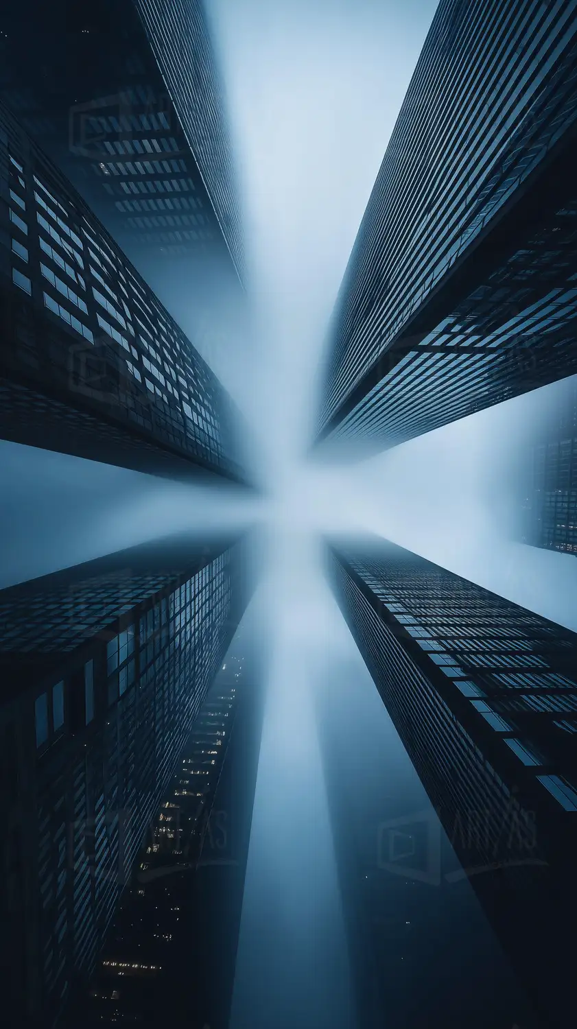 Fotografía de un paisaje urbano con edificios altos y niebla. | CUADROS DE ATREZZO PARA CINE Y PUBLICIDAD