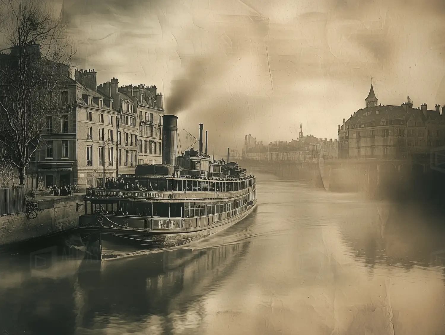Fotografía de un barco de vapor navegando por un río con edificios históricos al fondo. | CUADROS DE ATREZZO PARA CINE Y PUBLICIDAD