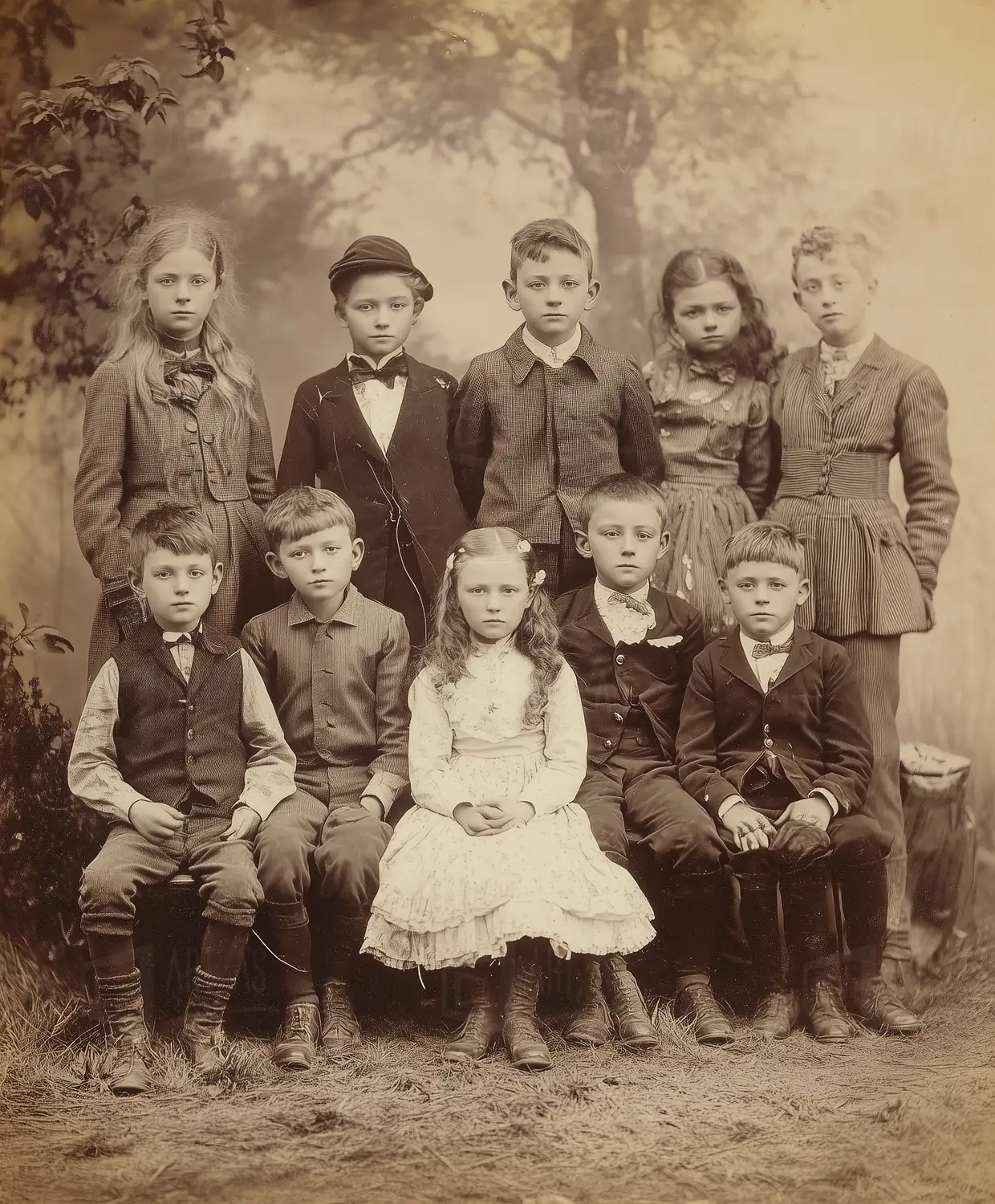Retrato de un grupo de niños posando en un entorno natural. | CUADROS DE ATREZZO PARA CINE Y PUBLICIDAD