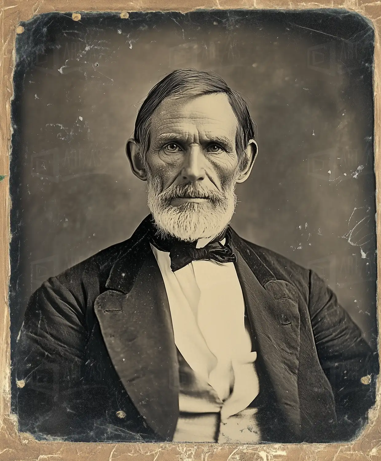 Retrato de un hombre mayor con barba y cabello canoso, vestido con un traje oscuro y pajarita. | CUADROS DE ATREZZO PARA CINE Y PUBLICIDAD