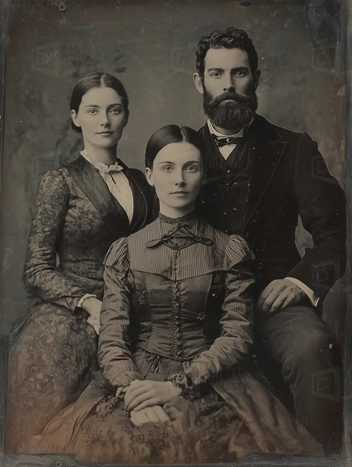 Retrato de tres personas en un entorno formal, con vestimenta de época. | CUADROS DE ATREZZO PARA CINE Y PUBLICIDAD