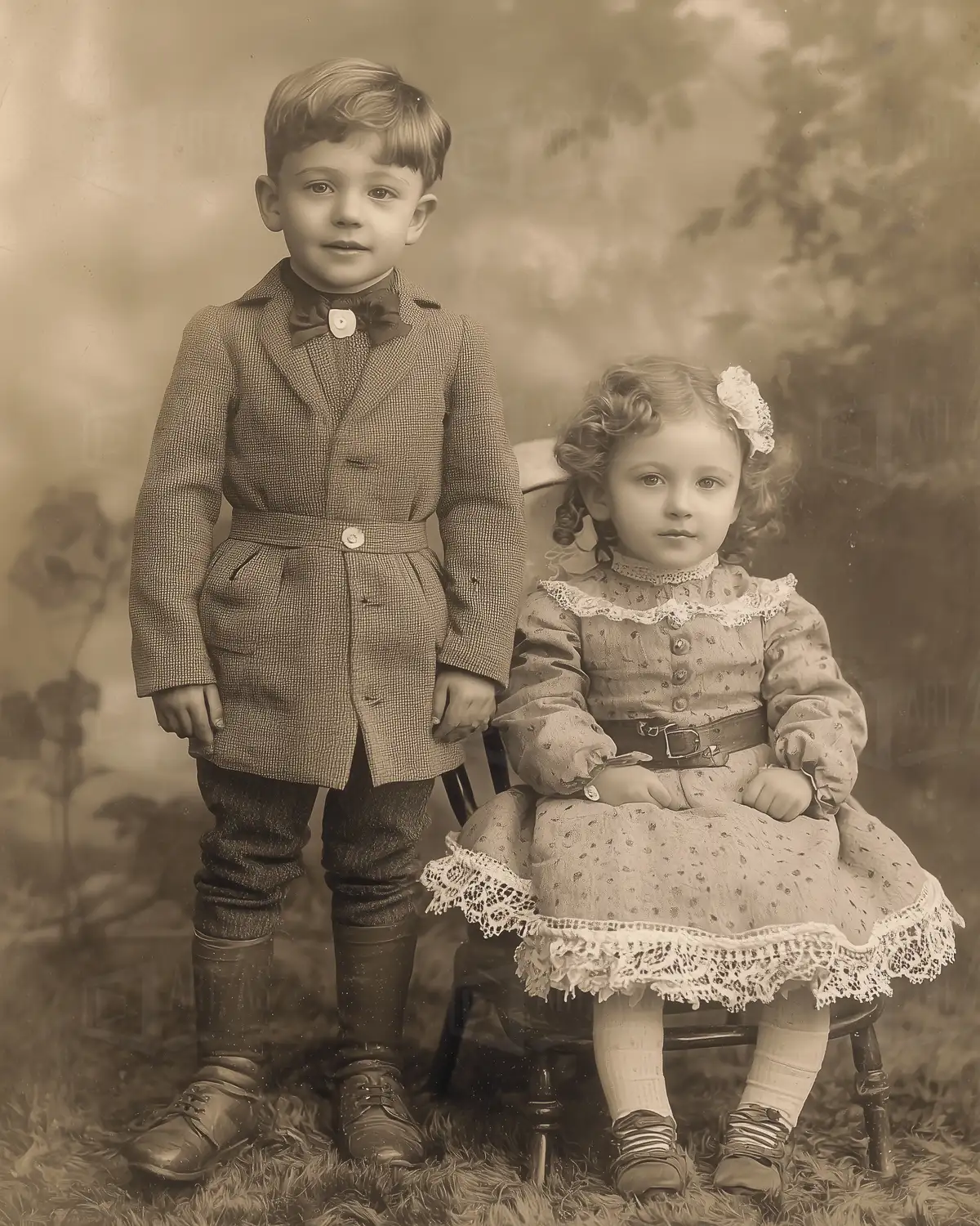 Retrato de dos niños, un niño de pie y una niña sentada, ambos con vestimenta de época. | CUADROS DE ATREZZO PARA CINE Y PUBLICIDAD