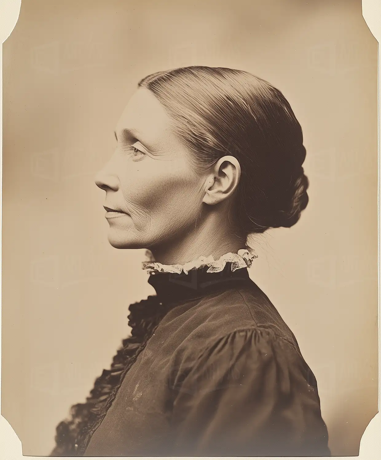 Retrato en perfil de una mujer con cabello recogido y blusa oscura. | CUADROS DE ATREZZO PARA CINE Y PUBLICIDAD