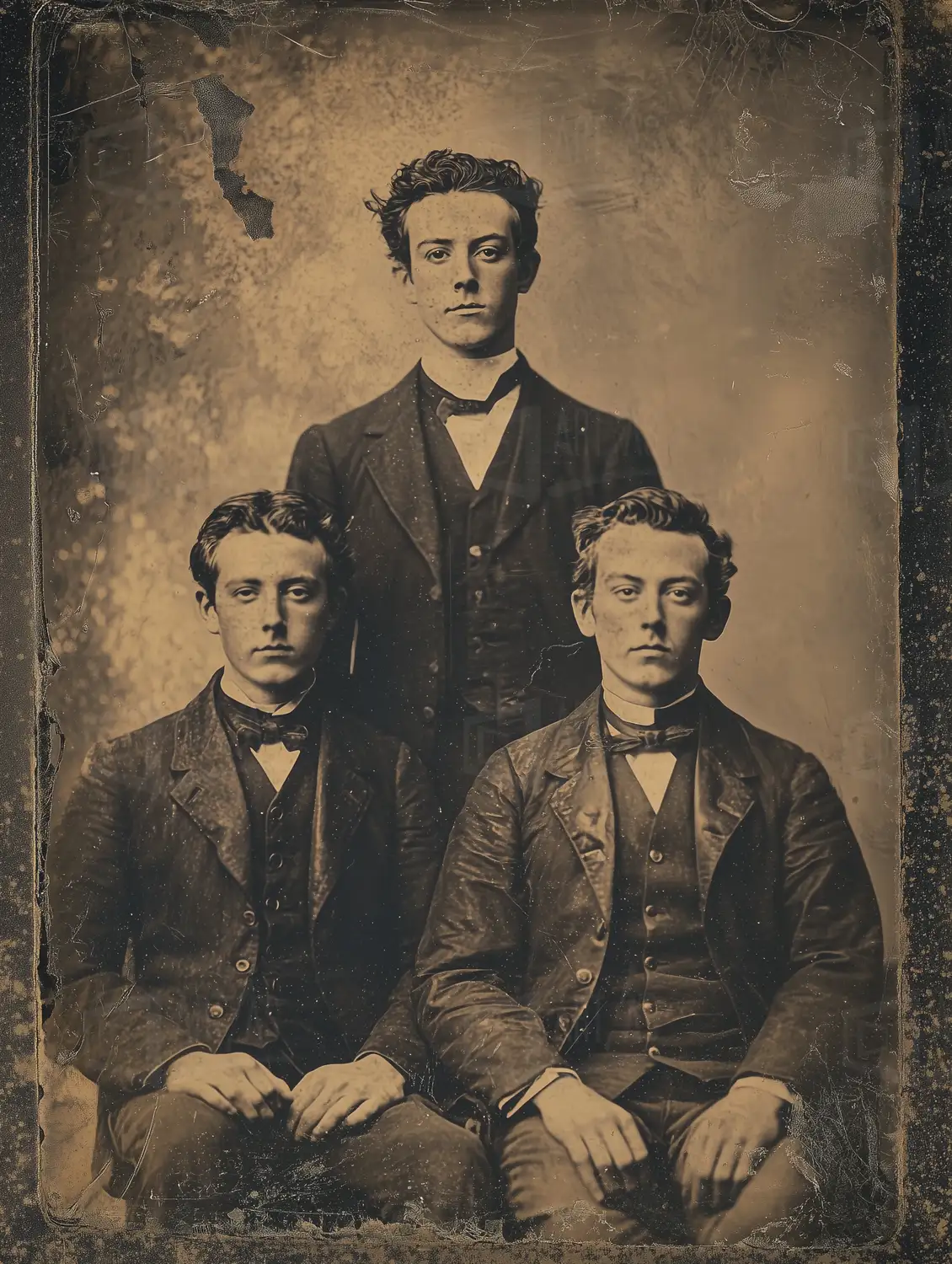 Retrato de tres hombres en vestimenta formal, posando en un estudio. | CUADROS DE ATREZZO PARA CINE Y PUBLICIDAD