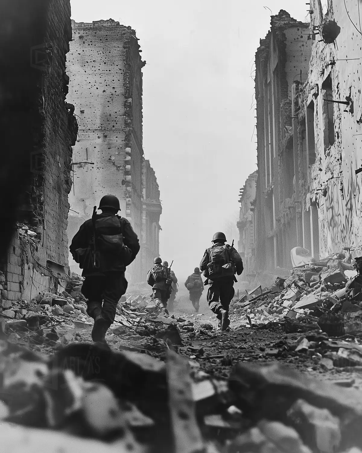 Fotografía en blanco y negro de soldados avanzando por una calle en ruinas. | CUADROS DE ATREZZO PARA CINE Y PUBLICIDAD