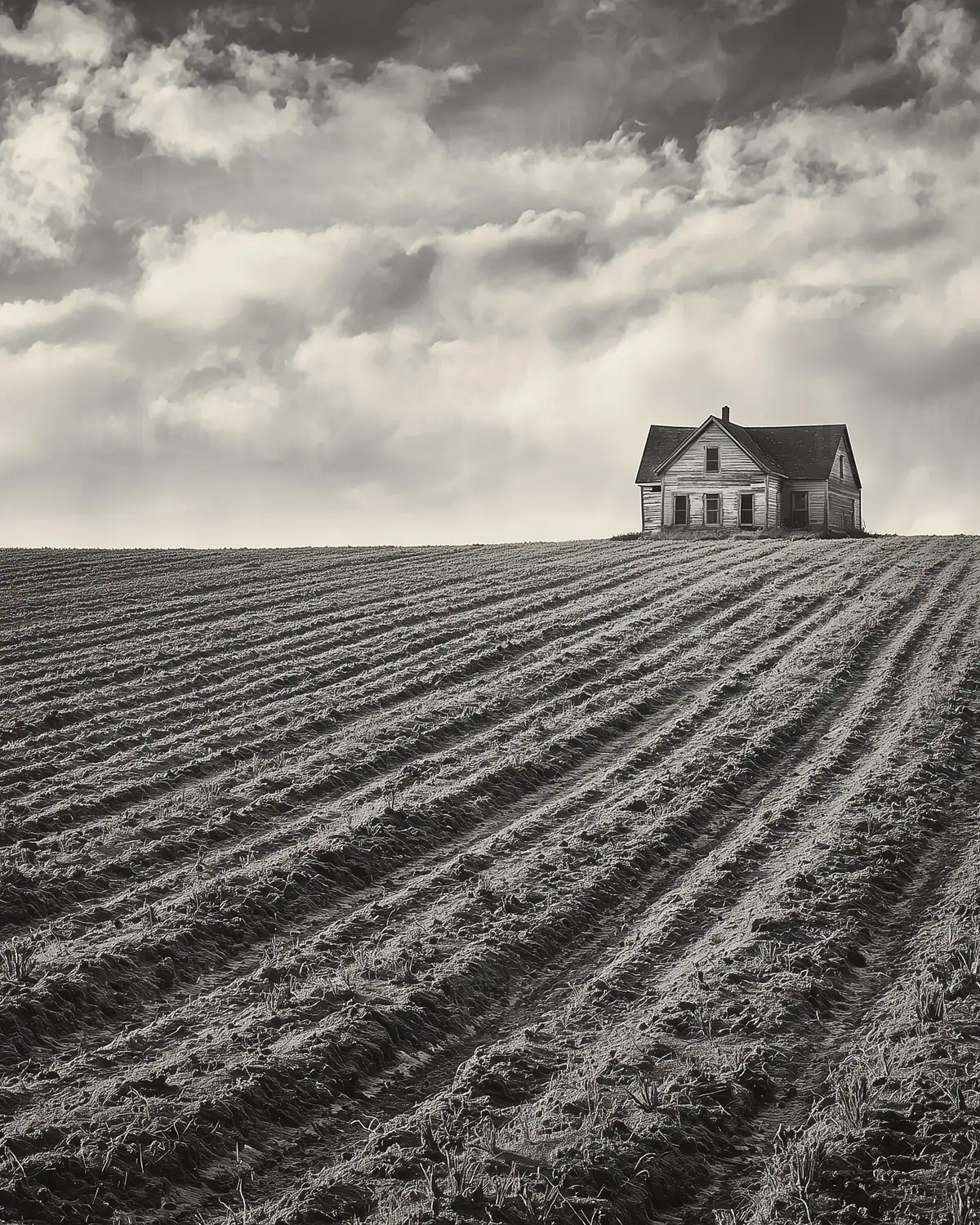 Casa solitaria en un campo con surcos de cultivo. | CUADROS DE ATREZZO PARA CINE Y PUBLICIDAD