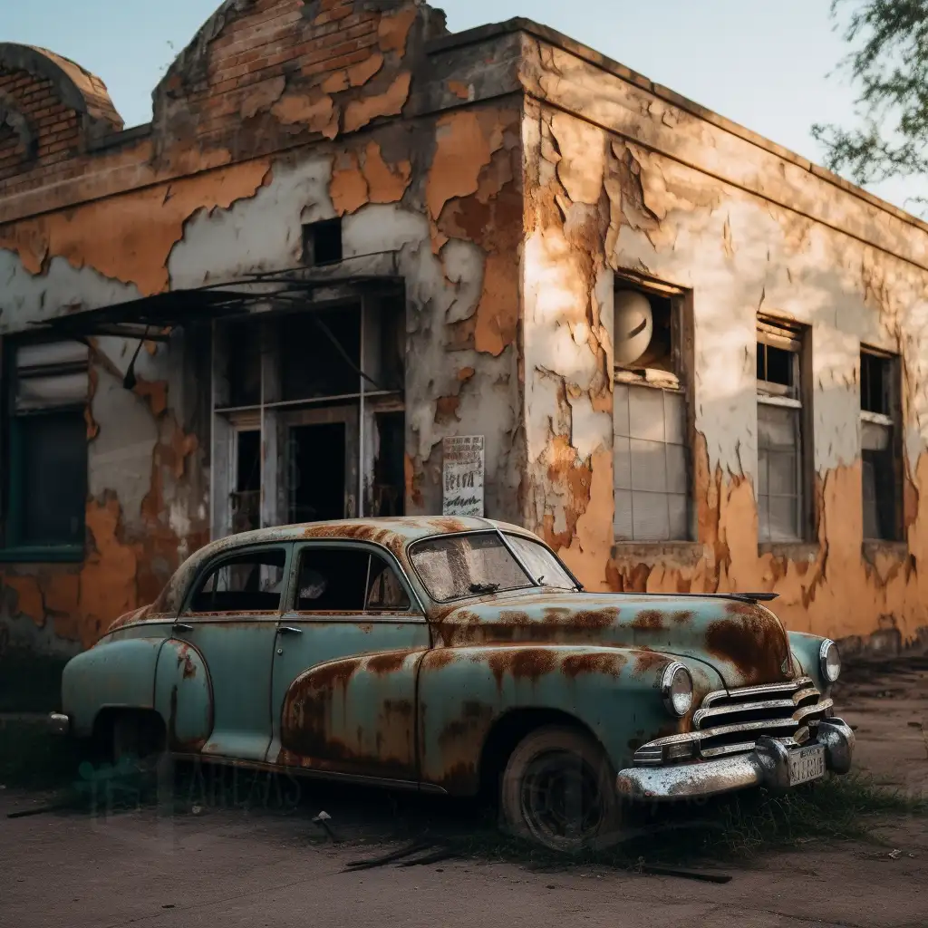 Automóvil clásico oxidado frente a un edificio deteriorado. | CUADROS DE ATREZZO PARA CINE Y PUBLICIDAD