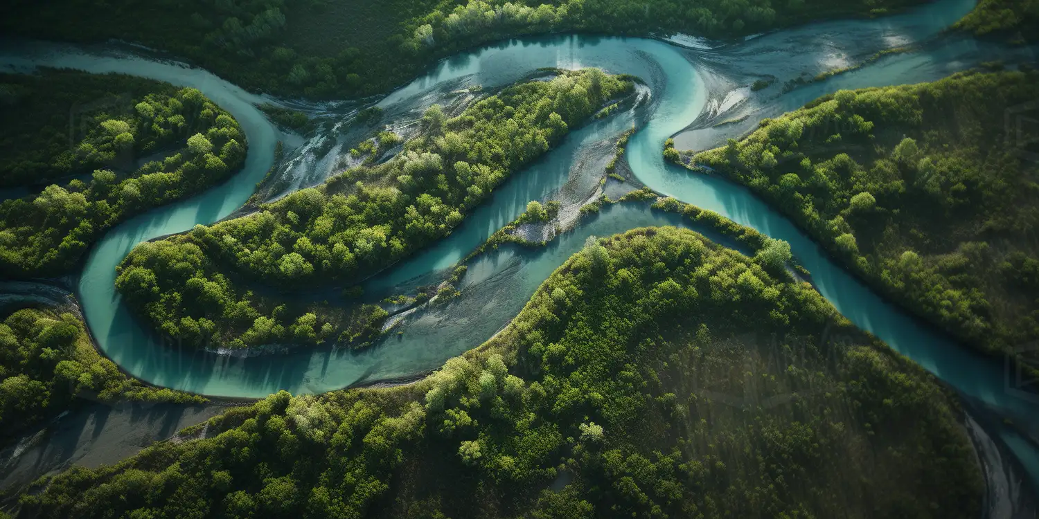 Vista aérea de un paisaje natural con ríos serpenteantes y vegetación densa. | CUADROS DE ATREZZO PARA CINE Y PUBLICIDAD