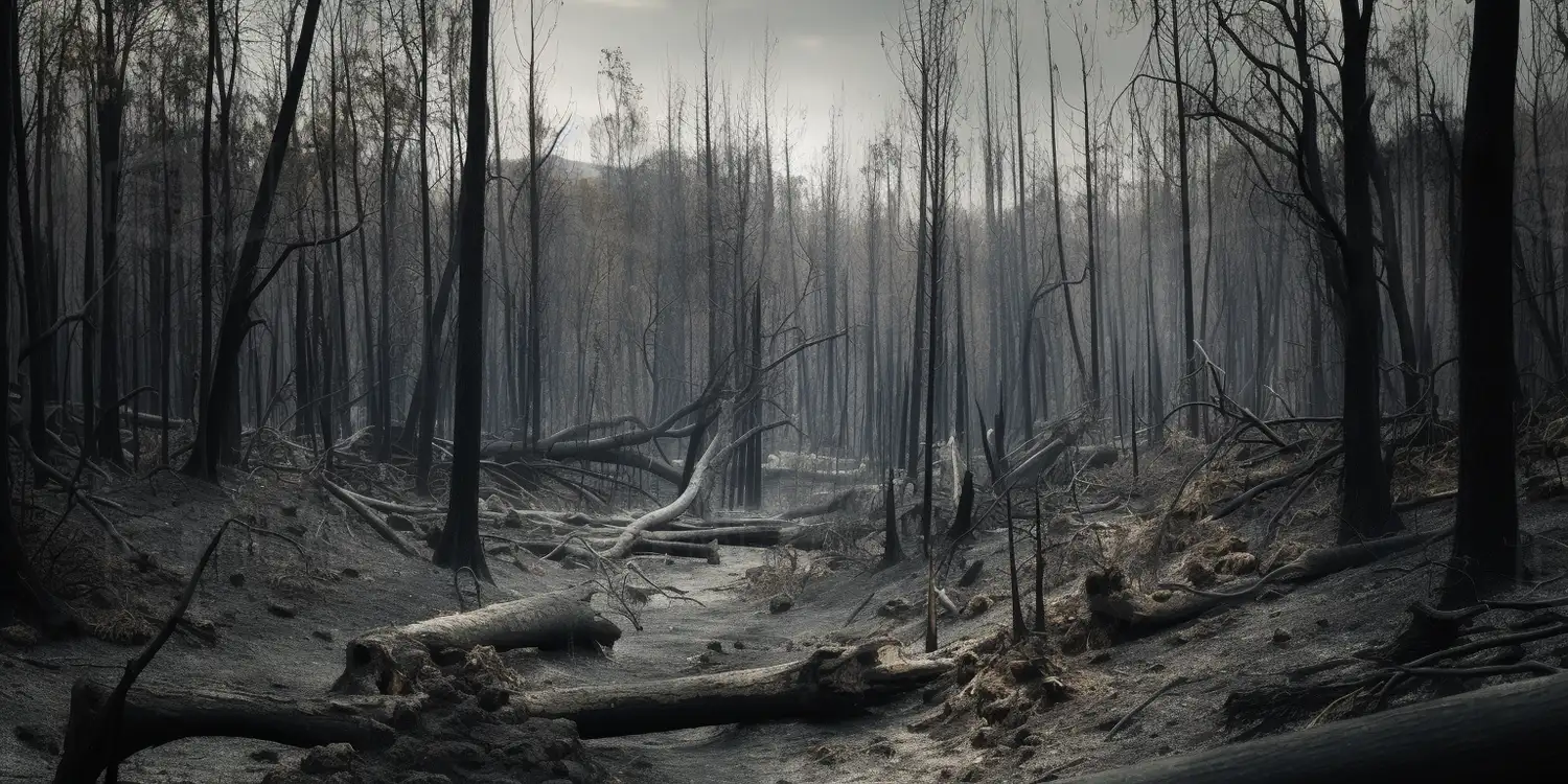 Paisaje de un bosque quemado con árboles carbonizados y troncos caídos. | CUADROS DE ATREZZO PARA CINE Y PUBLICIDAD