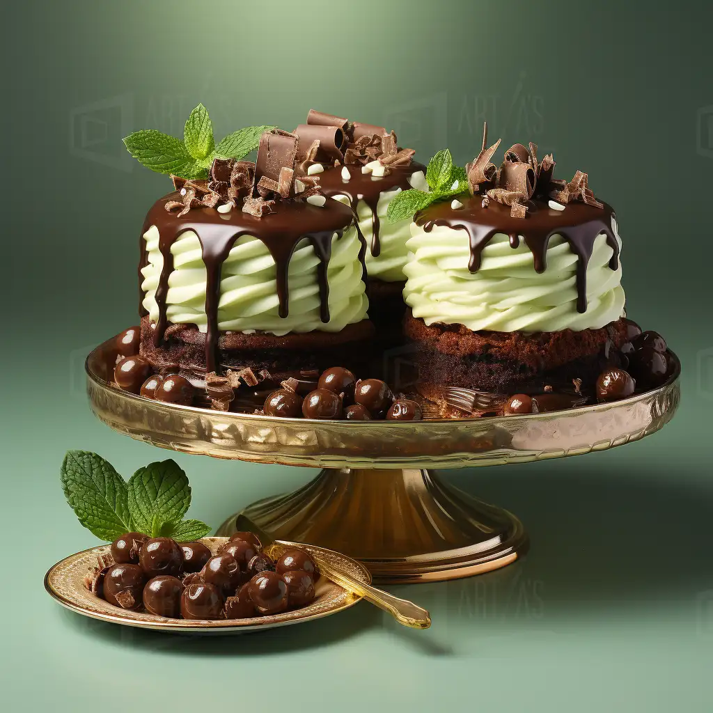 Postres de chocolate y menta en un plato dorado. | CUADROS DE ATREZZO PARA CINE Y PUBLICIDAD