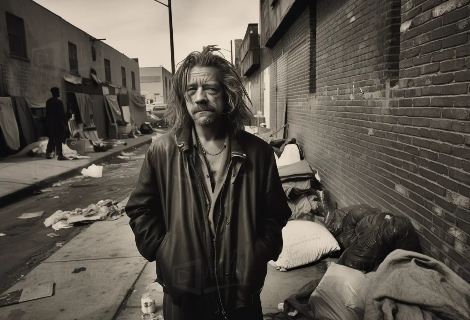 Retrato de un hombre en una calle con basura y edificios de fondo. | CUADROS DE ATREZZO PARA CINE Y PUBLICIDAD