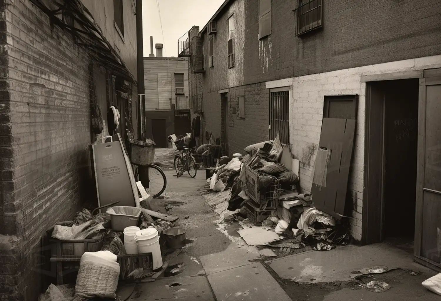 Escena urbana de un callejón con basura y un hombre revisando entre los desechos. | CUADROS DE ATREZZO PARA CINE Y PUBLICIDAD