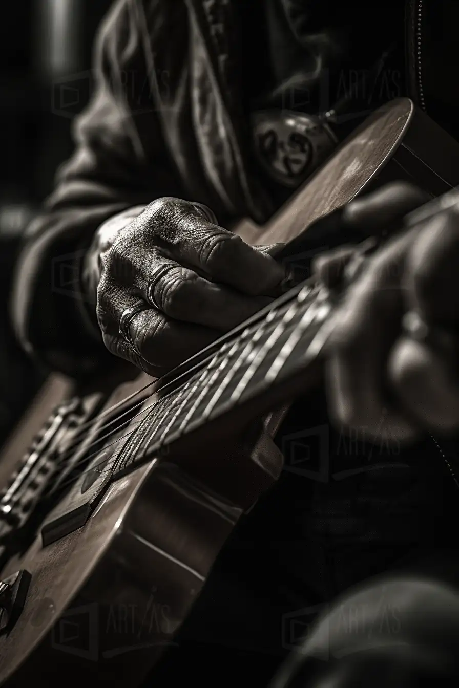 Mano tocando una guitarra, enfocándose en los dedos y las cuerdas. | CUADROS DE ATREZZO PARA CINE Y PUBLICIDAD