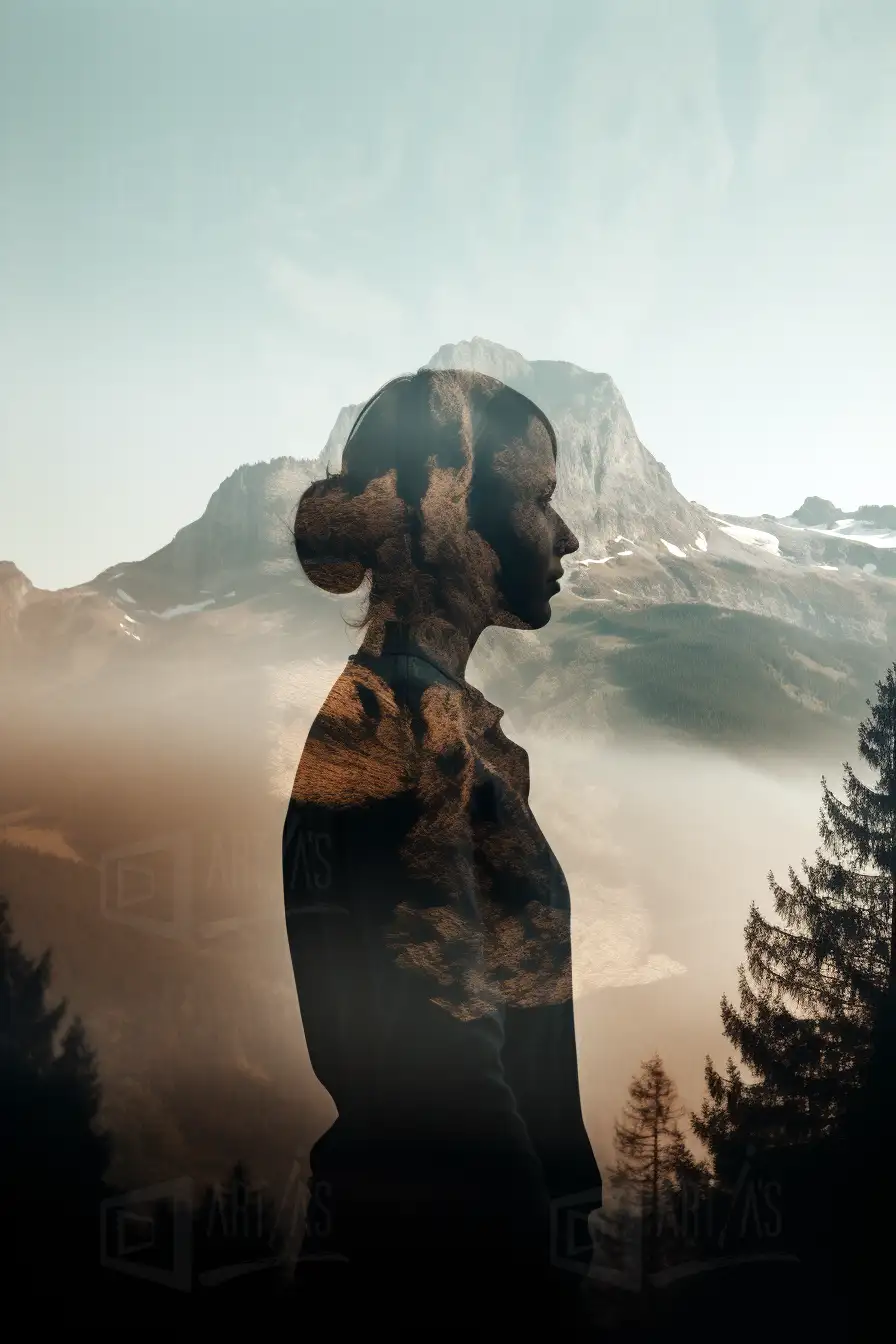 Retrato de una mujer con un paisaje montañoso superpuesto. | CUADROS DE ATREZZO PARA CINE Y PUBLICIDAD