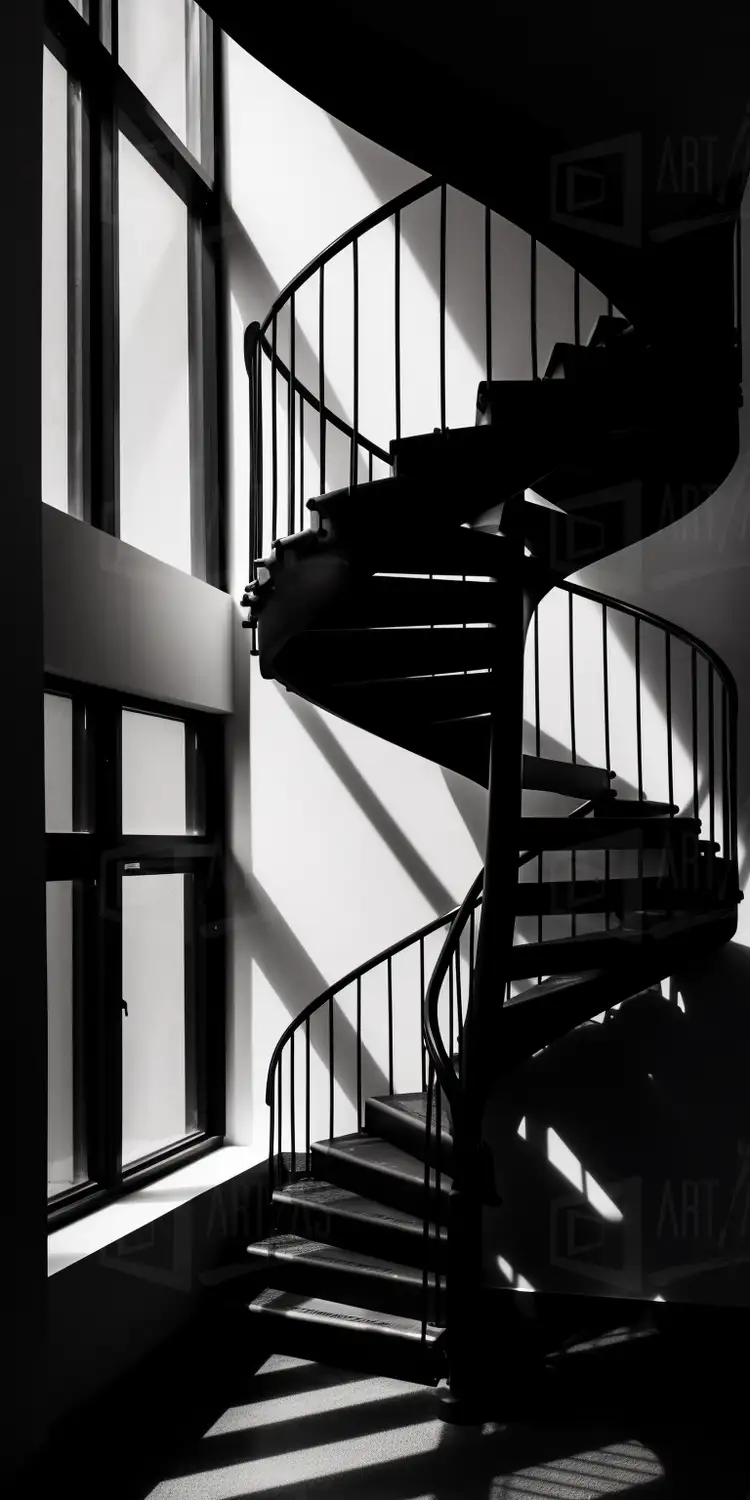 Escalera de caracol en un entorno minimalista con luz y sombras marcadas. | CUADROS DE ATREZZO PARA CINE Y PUBLICIDAD