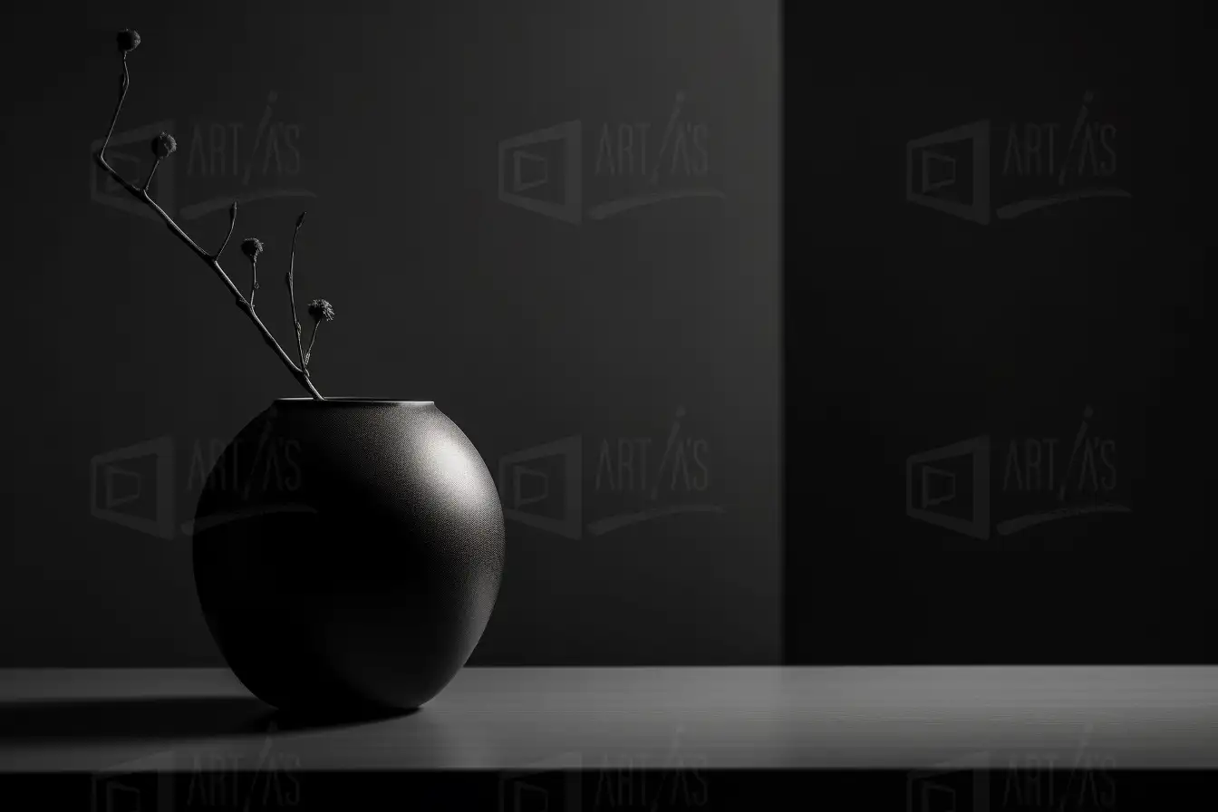 Vaso negro con una rama seca en un fondo oscuro. | CUADROS DE ATREZZO PARA CINE Y PUBLICIDAD