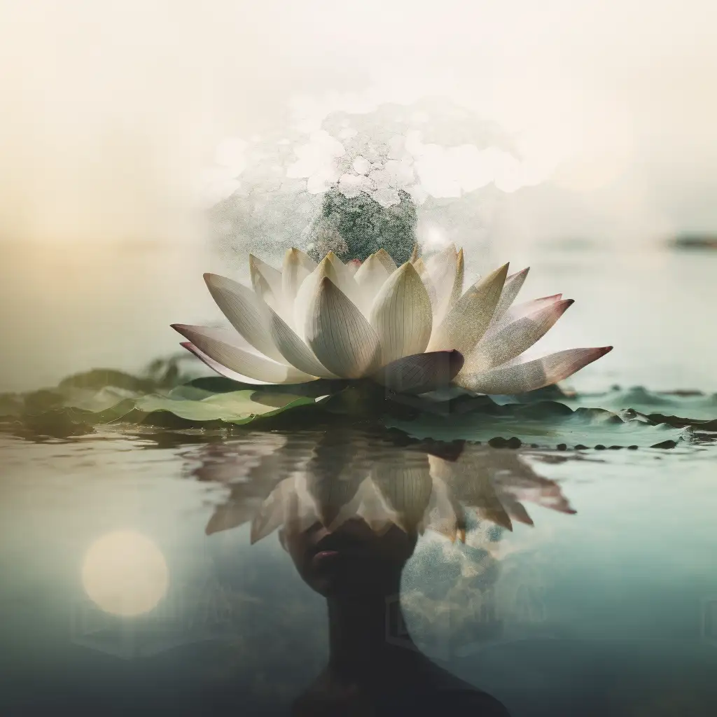 Flor de loto flotando sobre el agua con reflejo en la superficie. | CUADROS DE ATREZZO PARA CINE Y PUBLICIDAD