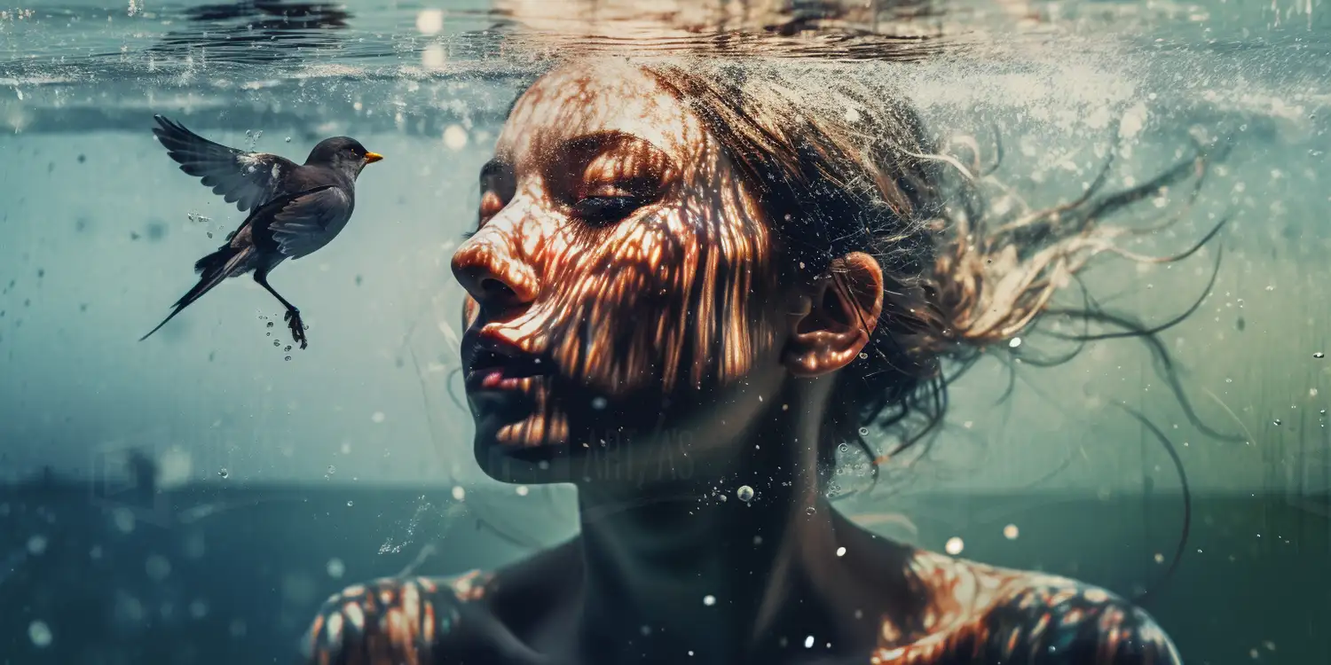 Retrato de una mujer bajo el agua con un pájaro volando cerca. | CUADROS DE ATREZZO PARA CINE Y PUBLICIDAD