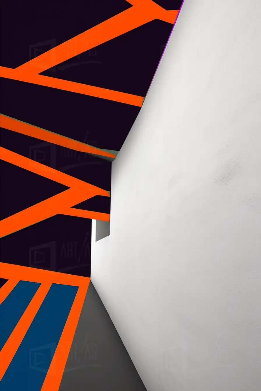 Composición abstracta con líneas naranjas sobre fondo negro y paredes blancas. | CUADROS DE ATREZZO PARA CINE Y PUBLICIDAD