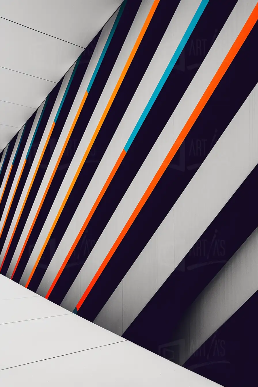 Composición abstracta con líneas diagonales en colores contrastantes sobre fondo claro. | CUADROS DE ATREZZO PARA CINE Y PUBLICIDAD