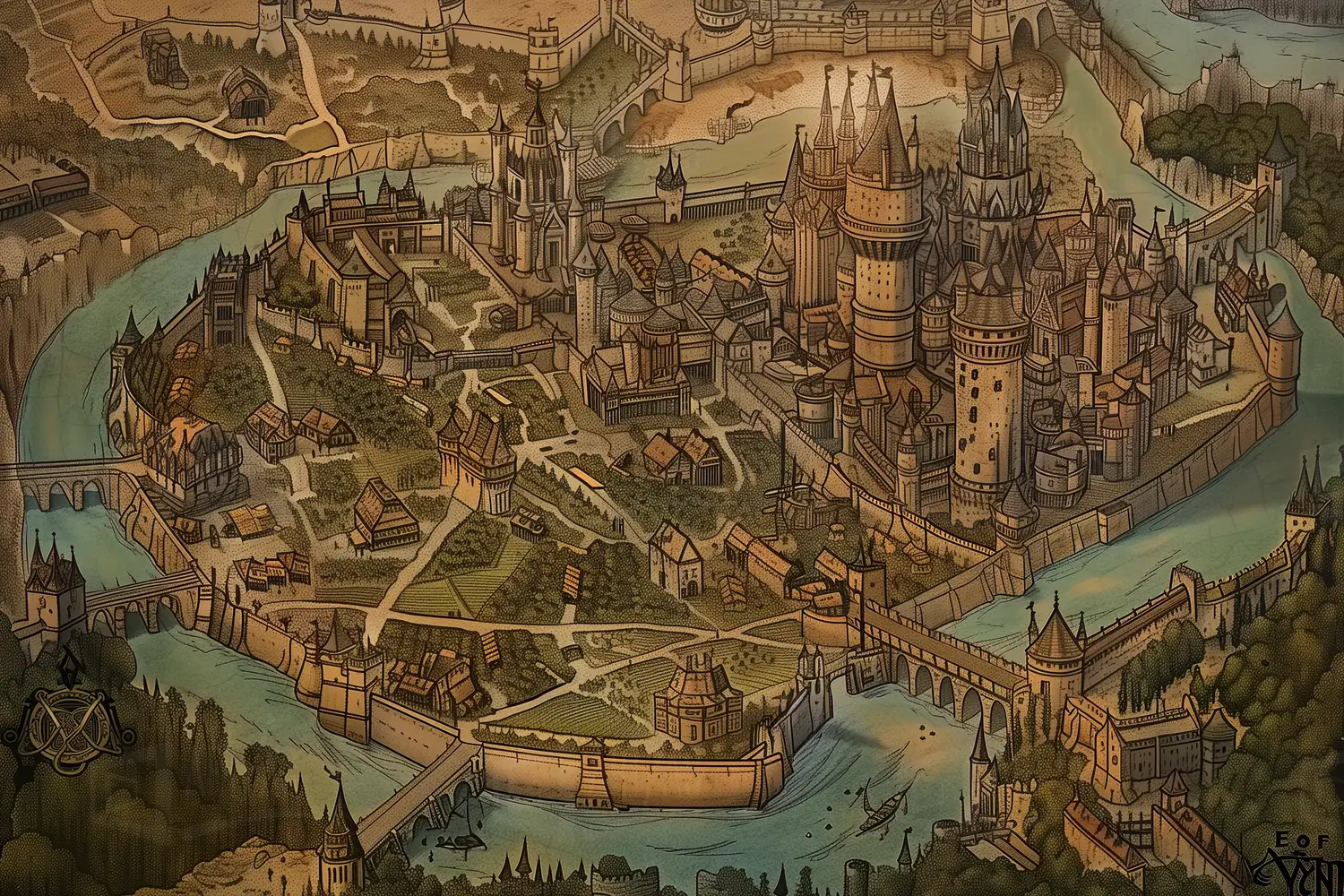 Mapa de una ciudad medieval con castillos, puentes y un río. | CUADROS DE ATREZZO PARA CINE Y PUBLICIDAD