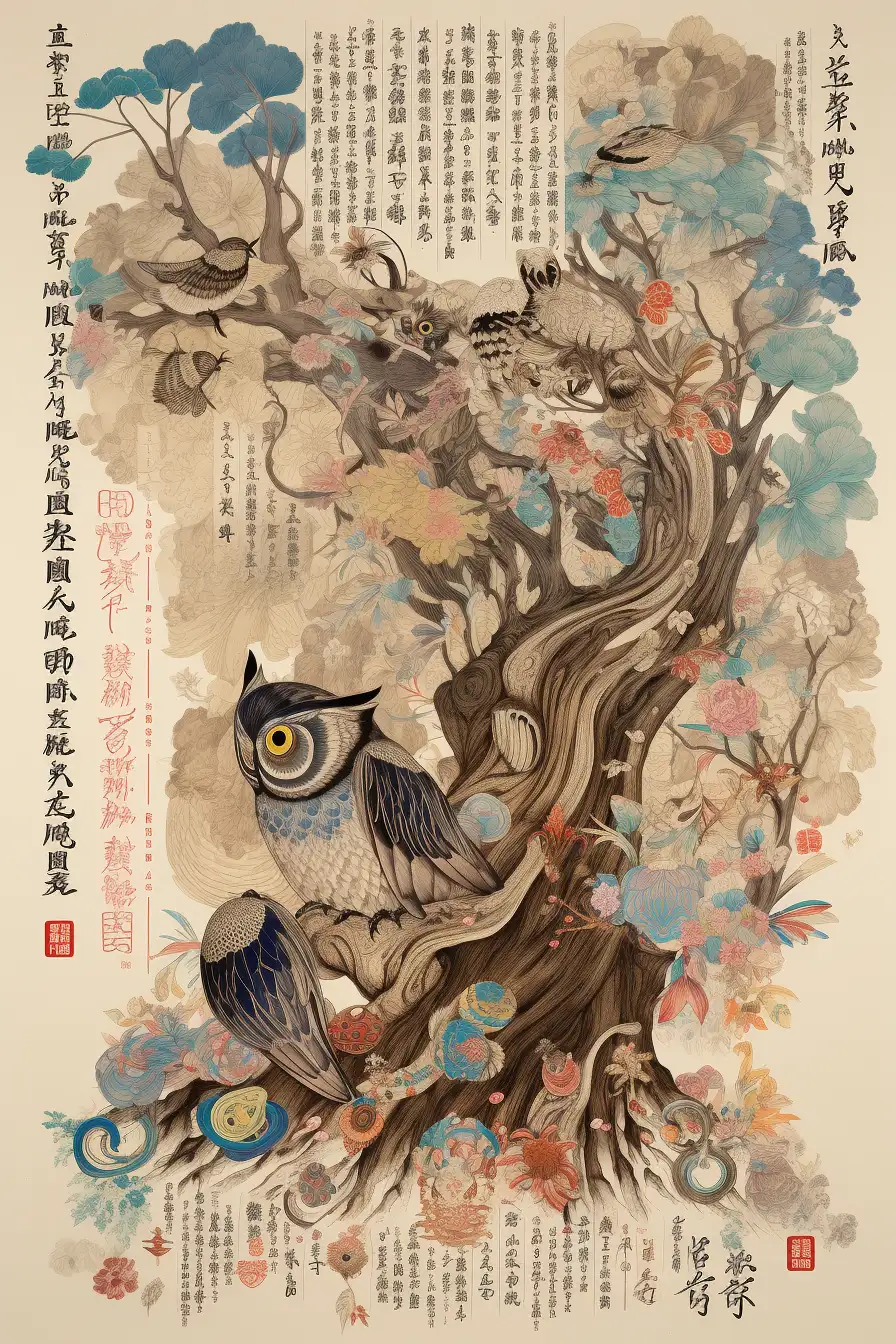 Obra que representa un búho posado en un árbol rodeado de flores y aves. | CUADROS DE ATREZZO PARA CINE Y PUBLICIDAD